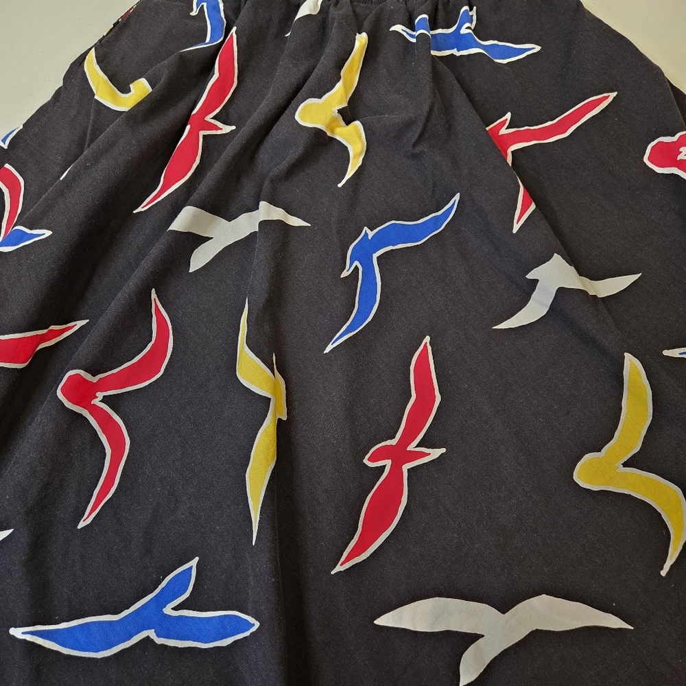 Vintage 80s Tumbleweeds Black Bird Print Full Midi Skirt Colorful Novelty Retro - Picture 4 of 15